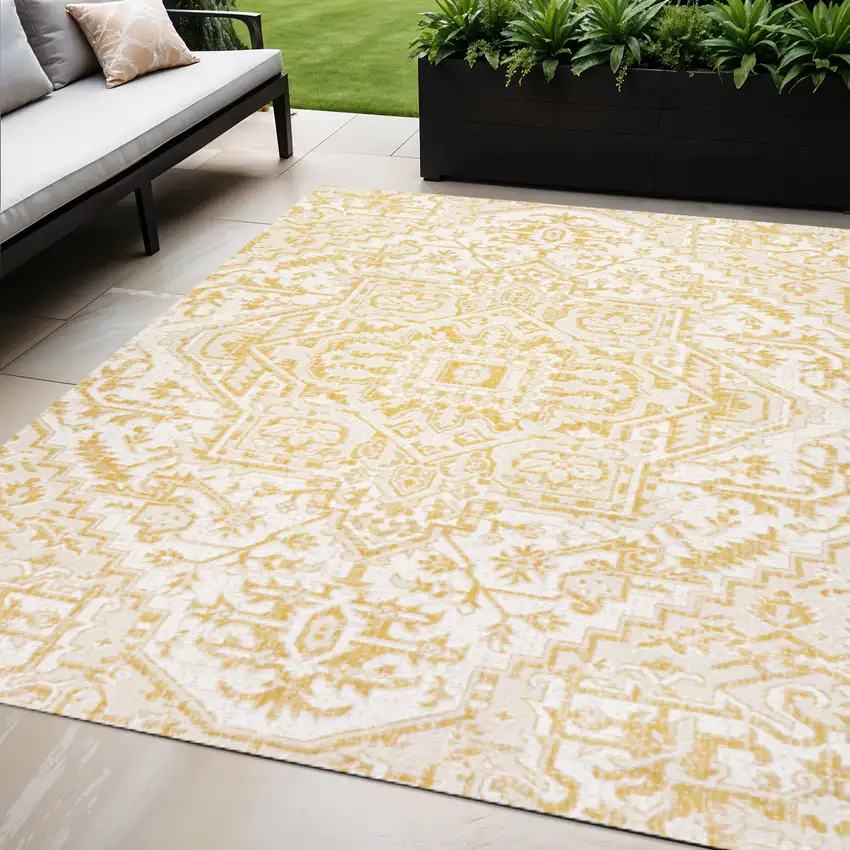 Cream And Yellow Medallion Indoor Outdoor Area Rug Photo 1