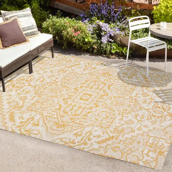 Cream And Yellow Medallion Indoor Outdoor Area Rug Photo 9