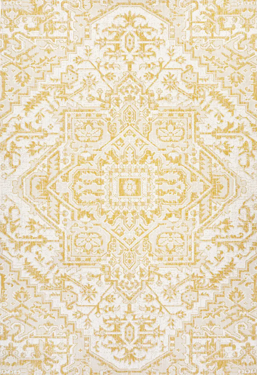 Cream And Yellow Medallion Indoor Outdoor Area Rug Photo 3