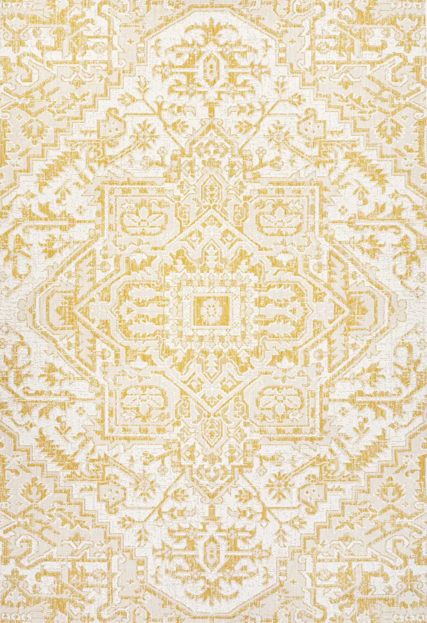 Cream And Yellow Medallion Indoor Outdoor Area Rug Photo 1