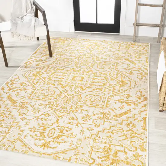 Cream And Yellow Medallion Indoor Outdoor Area Rug Photo 5
