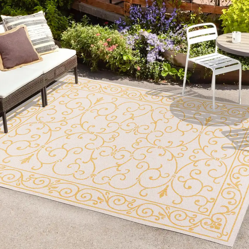 Cream And Yellow Medallion Indoor Outdoor Area Rug Photo 9