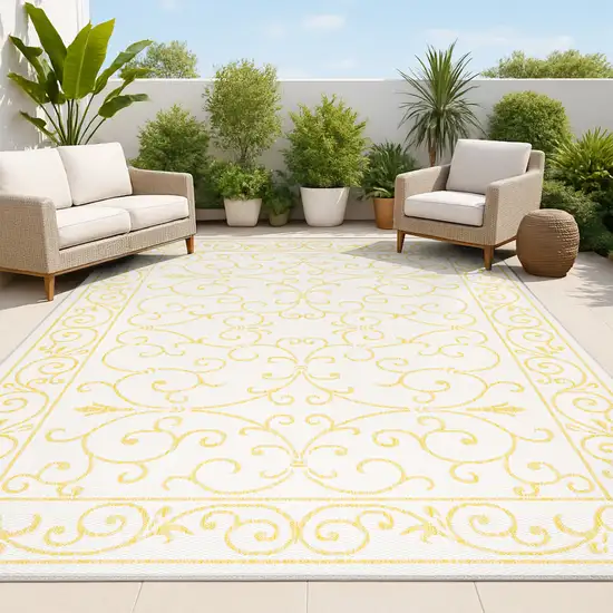 Cream And Yellow Medallion Indoor Outdoor Area Rug Photo 4