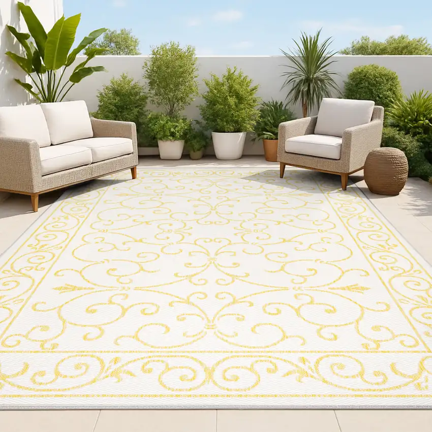 Cream And Yellow Medallion Indoor Outdoor Area Rug Photo 4