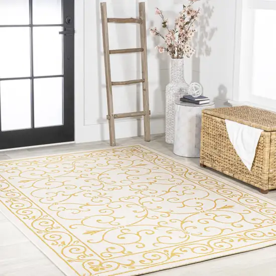 Cream And Yellow Medallion Indoor Outdoor Area Rug Photo 8