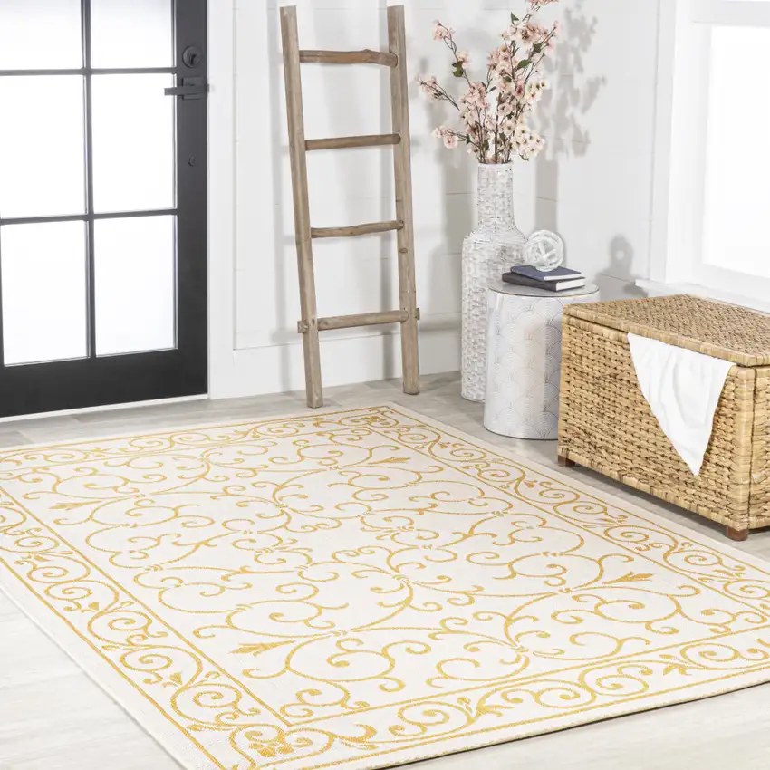 Cream And Yellow Medallion Indoor Outdoor Area Rug Photo 8