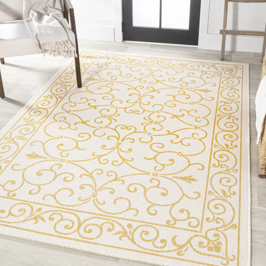 Cream And Yellow Medallion Indoor Outdoor Area Rug Photo 5