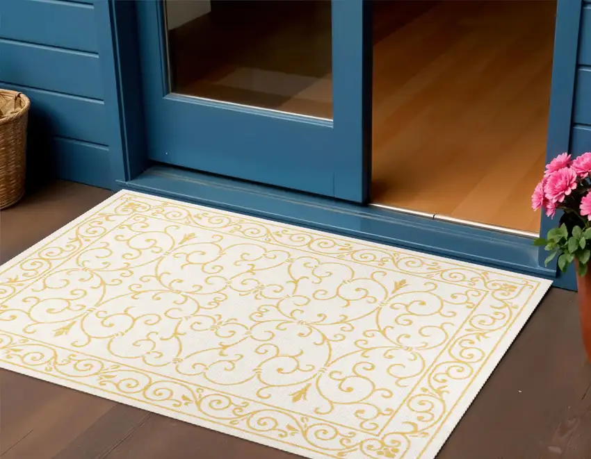 Cream And Yellow Medallion Indoor Outdoor Area Rug Photo 1