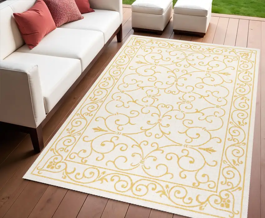 Cream And Yellow Medallion Indoor Outdoor Area Rug Photo 1