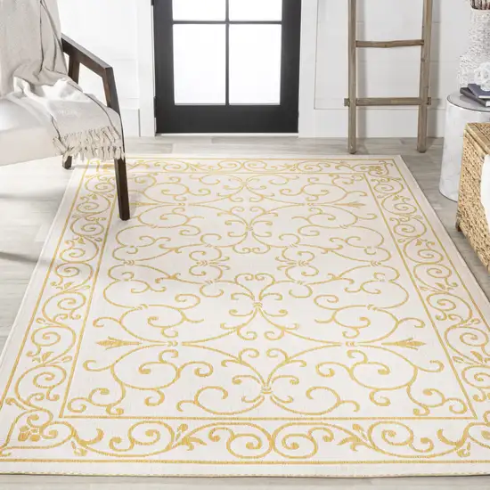 Cream And Yellow Medallion Indoor Outdoor Area Rug Photo 7