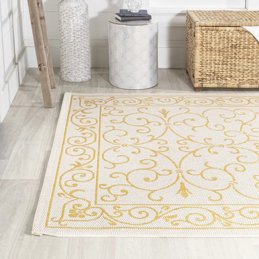 Cream And Yellow Medallion Indoor Outdoor Area Rug Photo 6