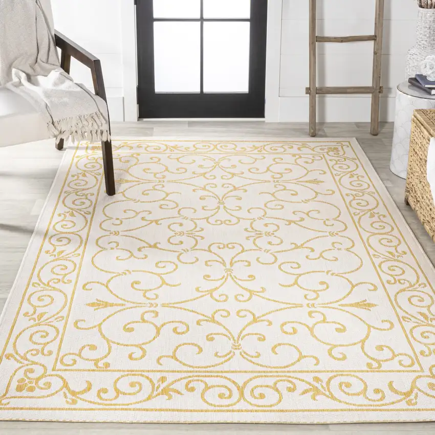 Cream And Yellow Medallion Indoor Outdoor Area Rug Photo 7