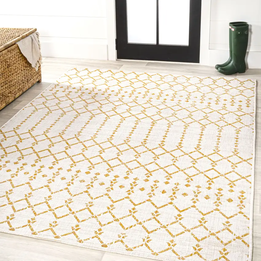 Cream And Yellow Trellis Indoor Outdoor Area Rug Photo 5