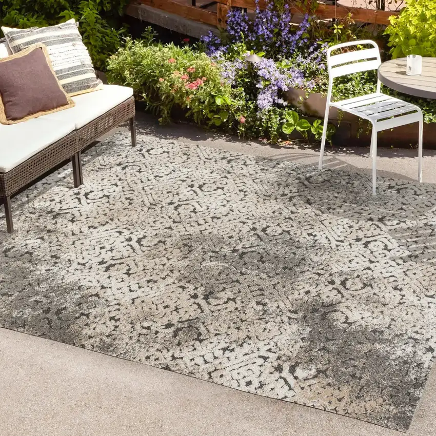 Cream Beige And Dark Gray Abstract Indoor Outdoor Area Rug Photo 9