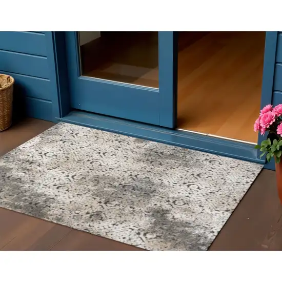 Cream Beige And Dark Gray Abstract Indoor Outdoor Area Rug Photo 1