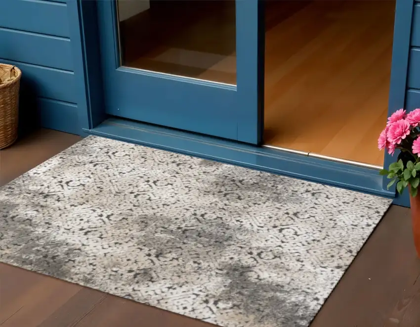 Cream Beige And Dark Gray Abstract Indoor Outdoor Area Rug Photo 1