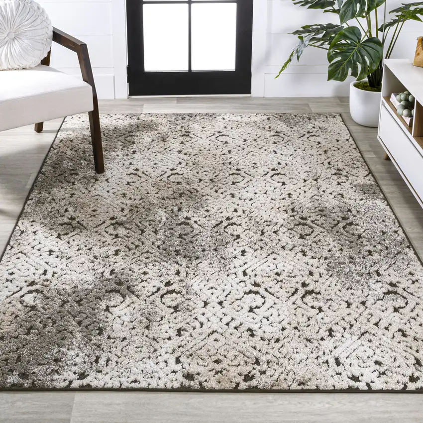 Cream Beige And Dark Gray Abstract Indoor Outdoor Area Rug Photo 7