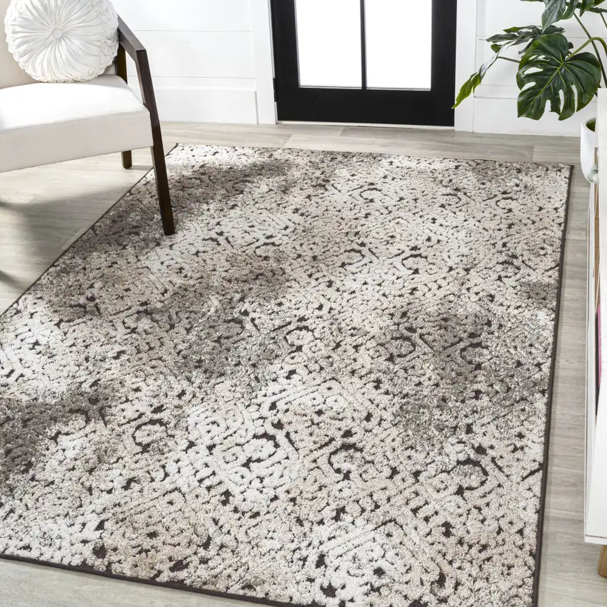 Cream Beige And Dark Gray Abstract Indoor Outdoor Area Rug Photo 5