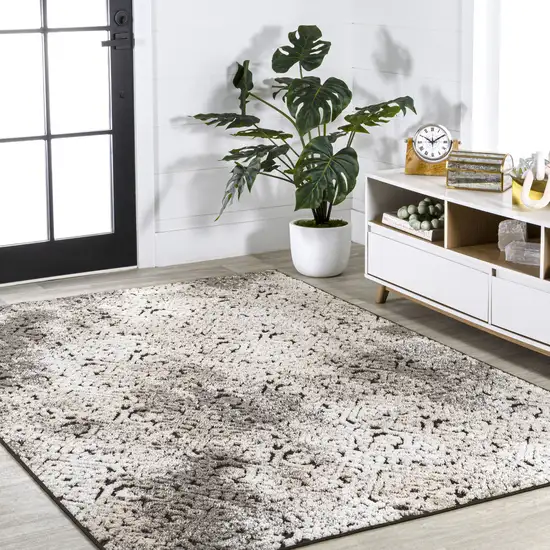 Cream Beige And Dark Gray Abstract Indoor Outdoor Area Rug Photo 8