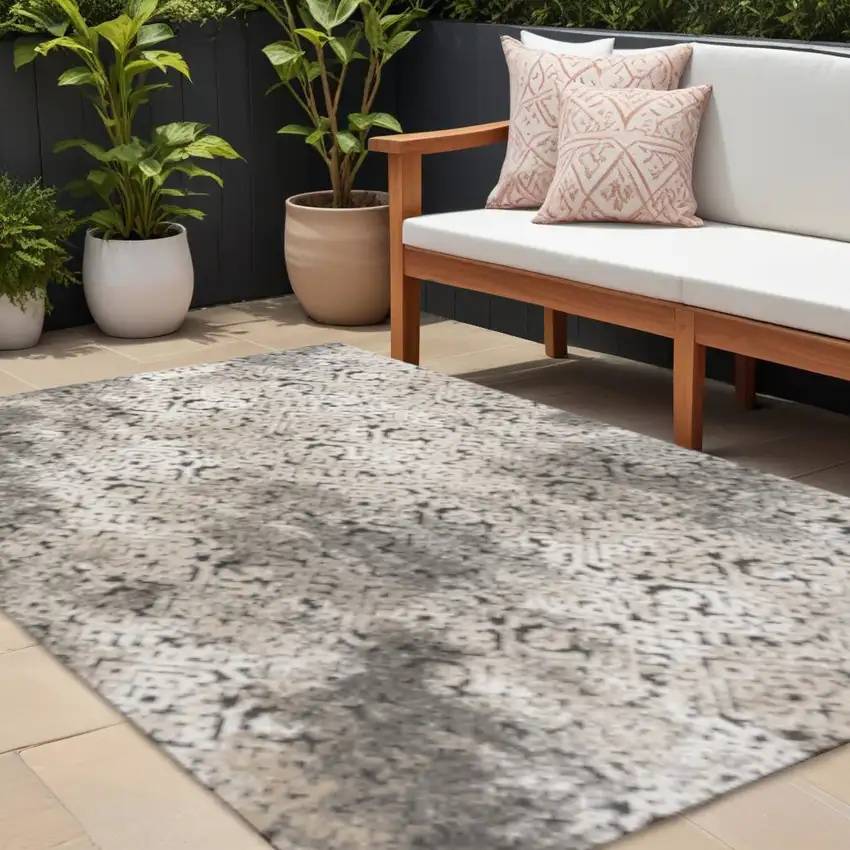 Cream Beige And Dark Gray Abstract Indoor Outdoor Area Rug Photo 1