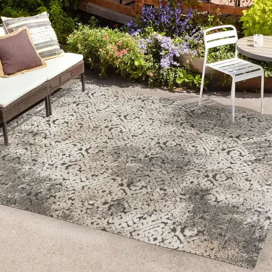 Cream Beige And Dark Gray Abstract Indoor Outdoor Area Rug Photo 9