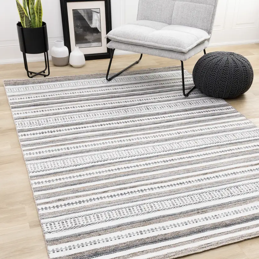 Cream Beige And Gray Striped Hand Woven Area Rug Photo 6
