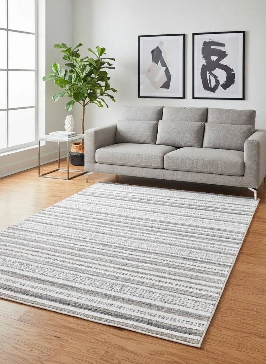 Cream Beige And Gray Striped Hand Woven Area Rug Photo 1