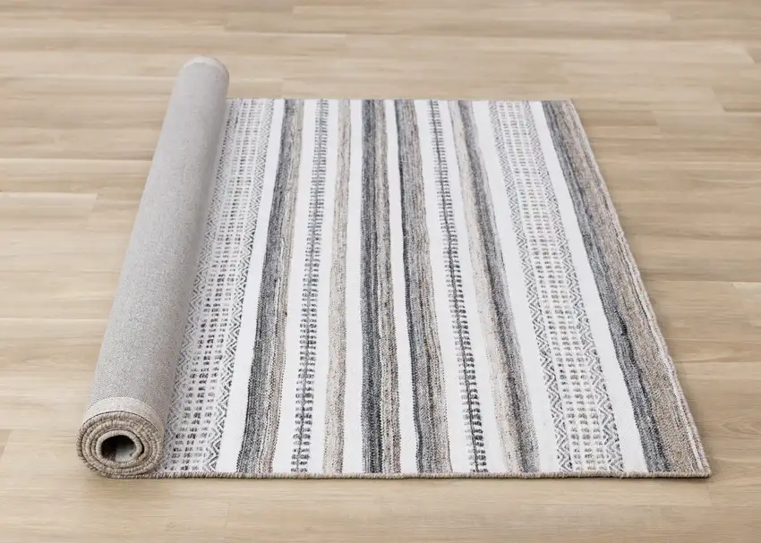 Cream Beige And Gray Striped Hand Woven Area Rug Photo 9