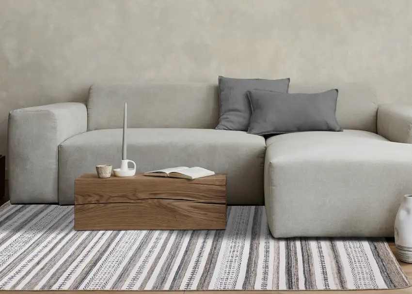 Cream Beige And Gray Striped Hand Woven Area Rug Photo 6