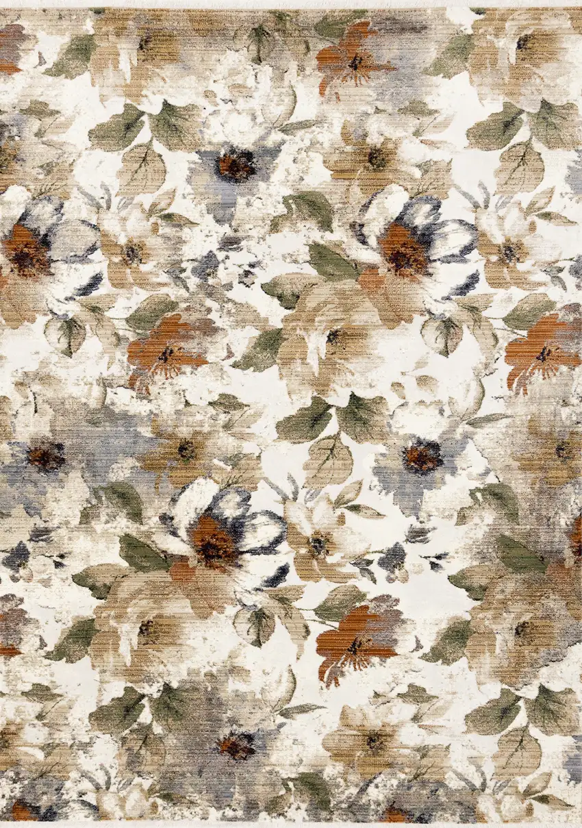 Cream Beige And Green Floral Area Rug Photo 4