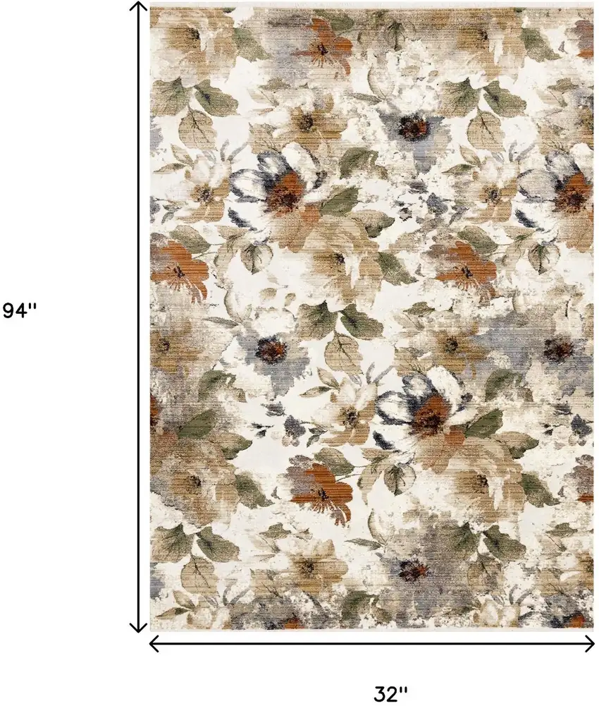 Cream Beige And Green Floral Area Rug Photo 3
