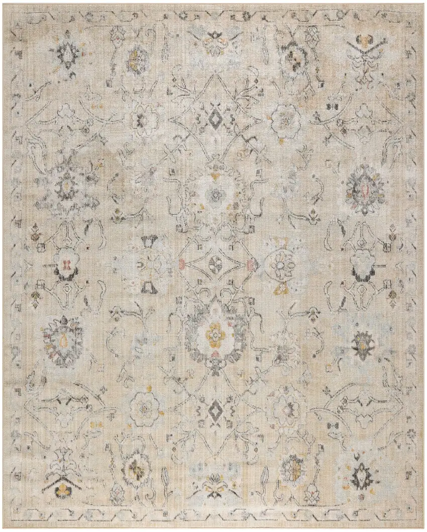 Cream Black And Yellow Floral Distressed Area Rug Photo 7