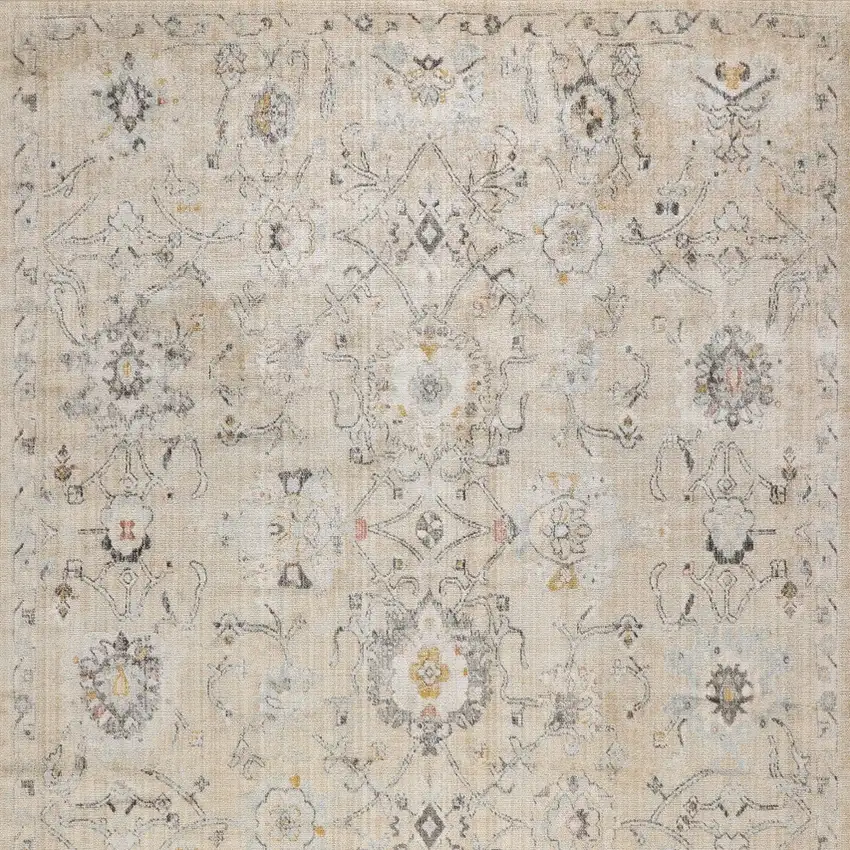 Cream Black And Yellow Floral Distressed Area Rug Photo 9