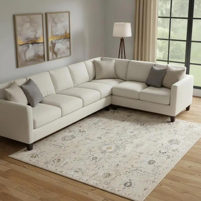 Cream Black And Yellow Floral Distressed Area Rug Photo 1