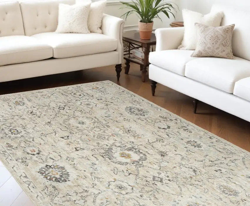 Cream Black And Yellow Floral Distressed Area Rug Photo 1