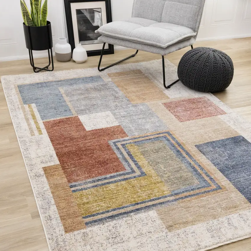 Cream Blue And Brown Geometric Area Rug Photo 5