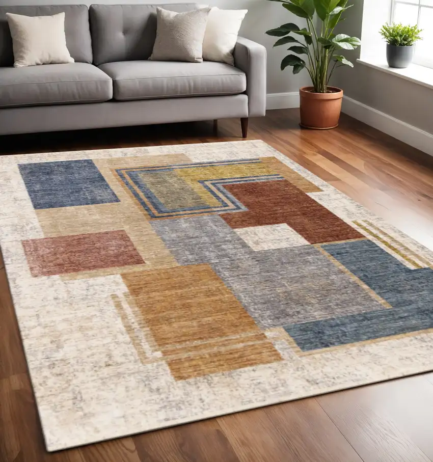 Cream Blue And Brown Geometric Area Rug Photo 1