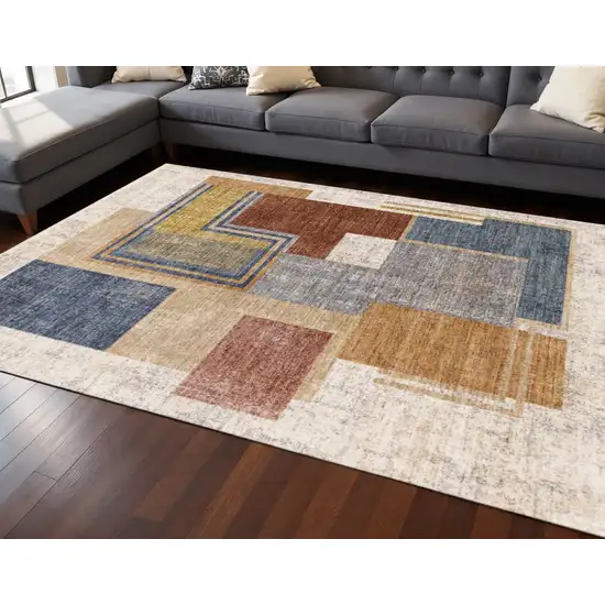 Cream Blue And Brown Geometric Area Rug Photo 1