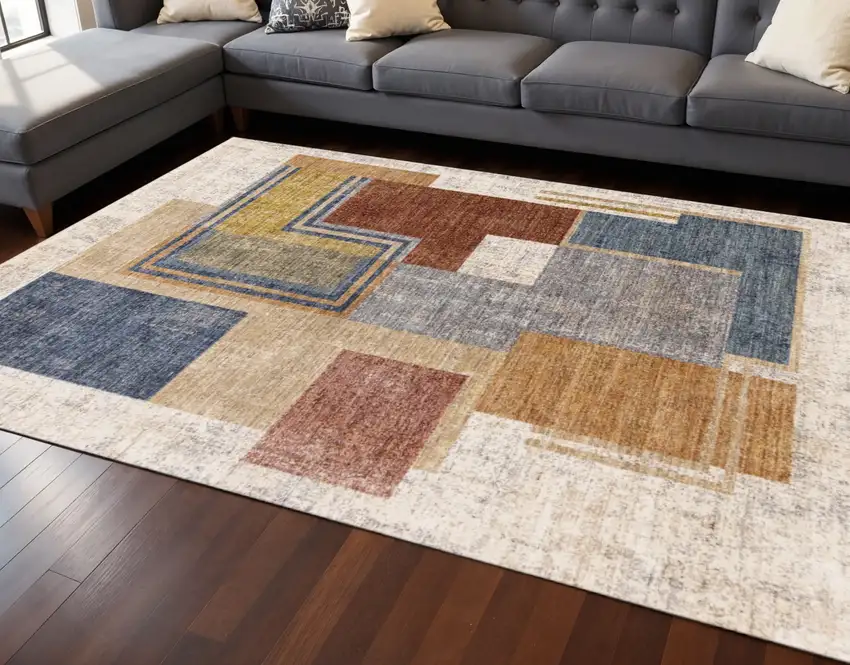 Cream Blue And Brown Geometric Area Rug Photo 1