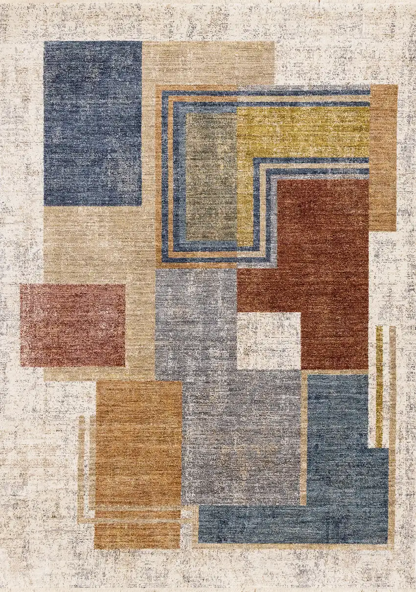 Cream Blue And Brown Geometric Area Rug Photo 2