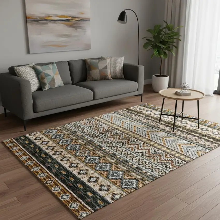 Cream Blue And Brown Tribal Area Rug Photo 1