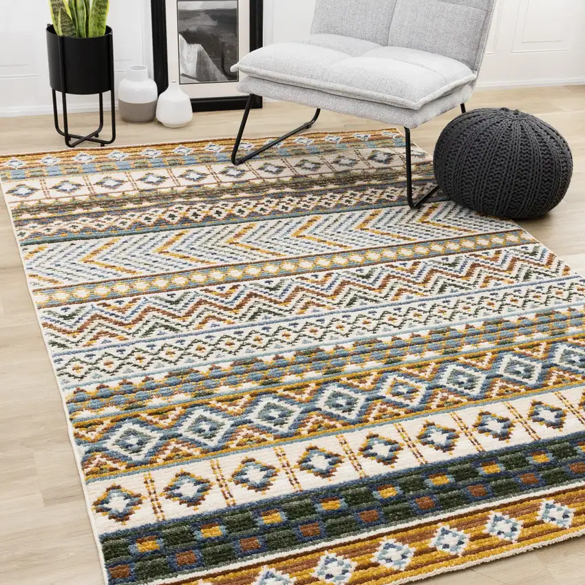Cream Blue And Brown Tribal Area Rug Photo 4