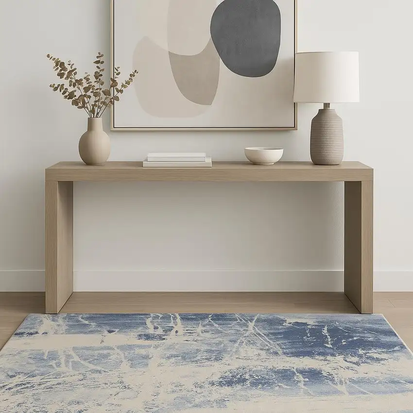 Cream Blue And Light Blue Abstract Area Rug Photo 1