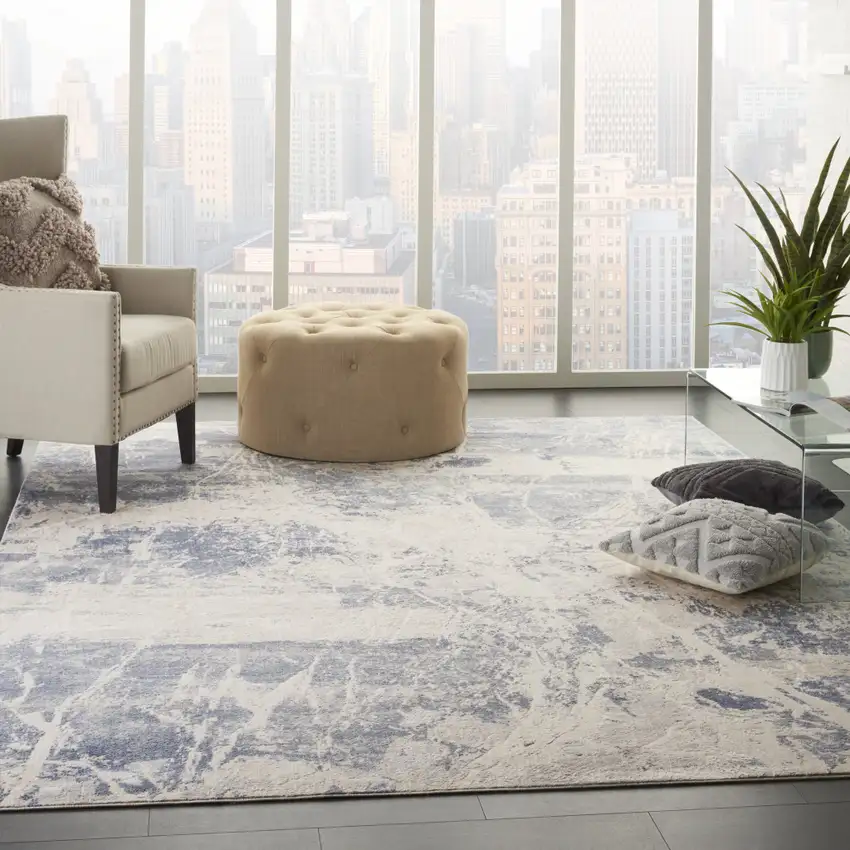 Cream Blue And Light Blue Abstract Non Skid Area Rug Photo 6