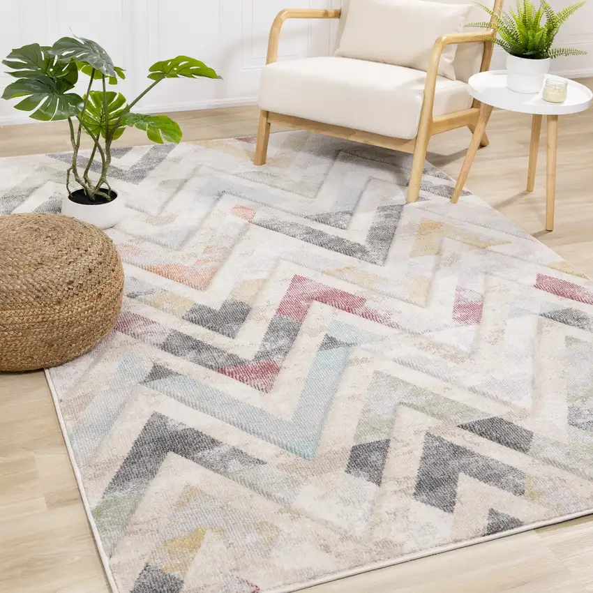 Cream Blue And Pink Chevron Area Rug Photo 6