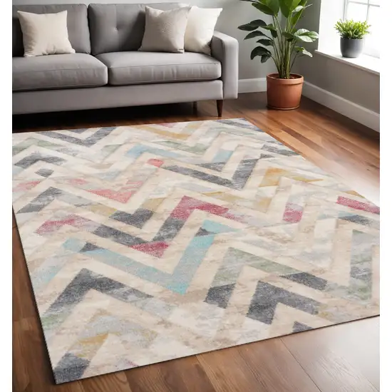 Cream Blue And Pink Chevron Area Rug Photo 1