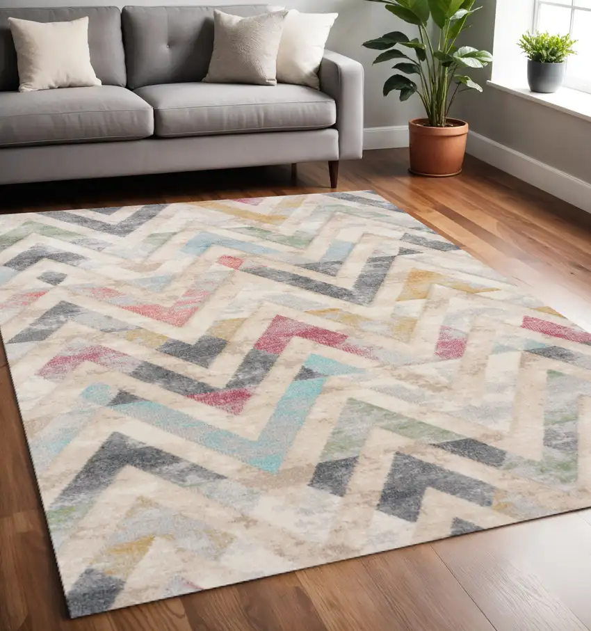 Cream Blue And Pink Chevron Area Rug Photo 1