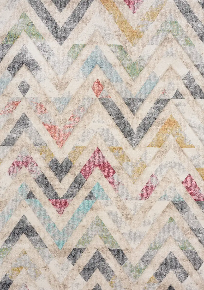 Cream Blue And Pink Chevron Area Rug Photo 2