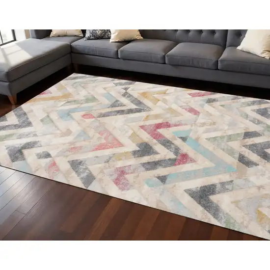 Cream Blue And Pink Chevron Area Rug Photo 1
