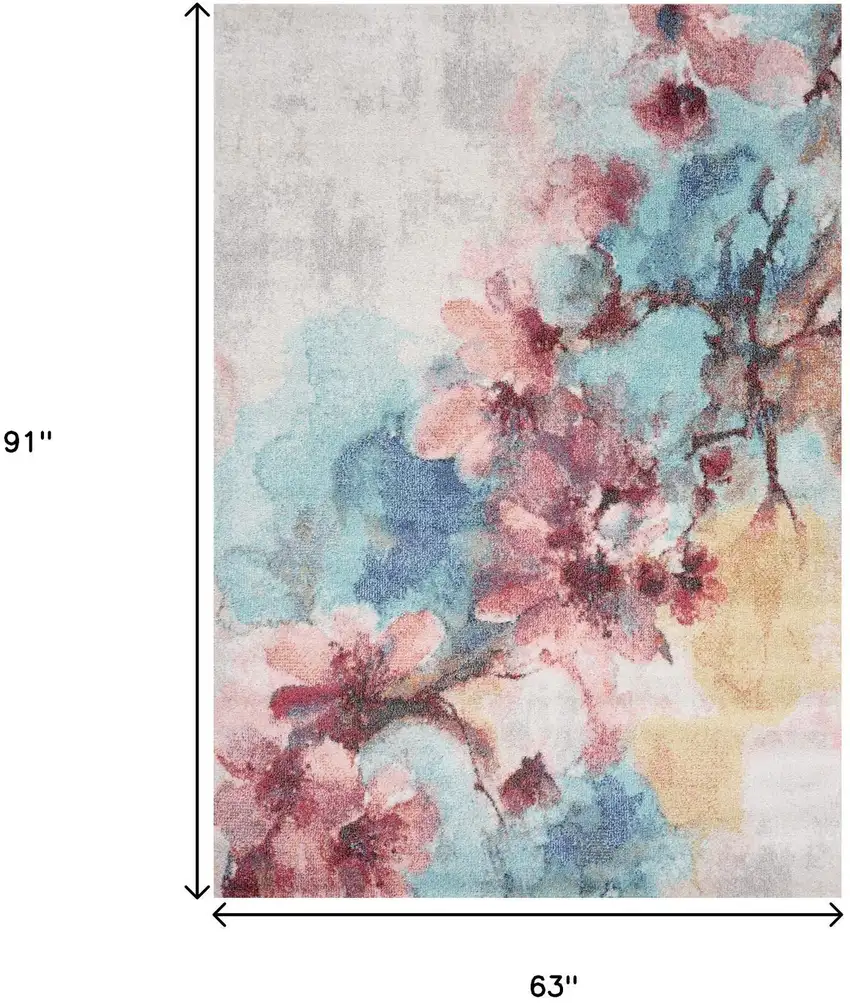 Cream Blue And Pink Floral Area Rug Photo 3
